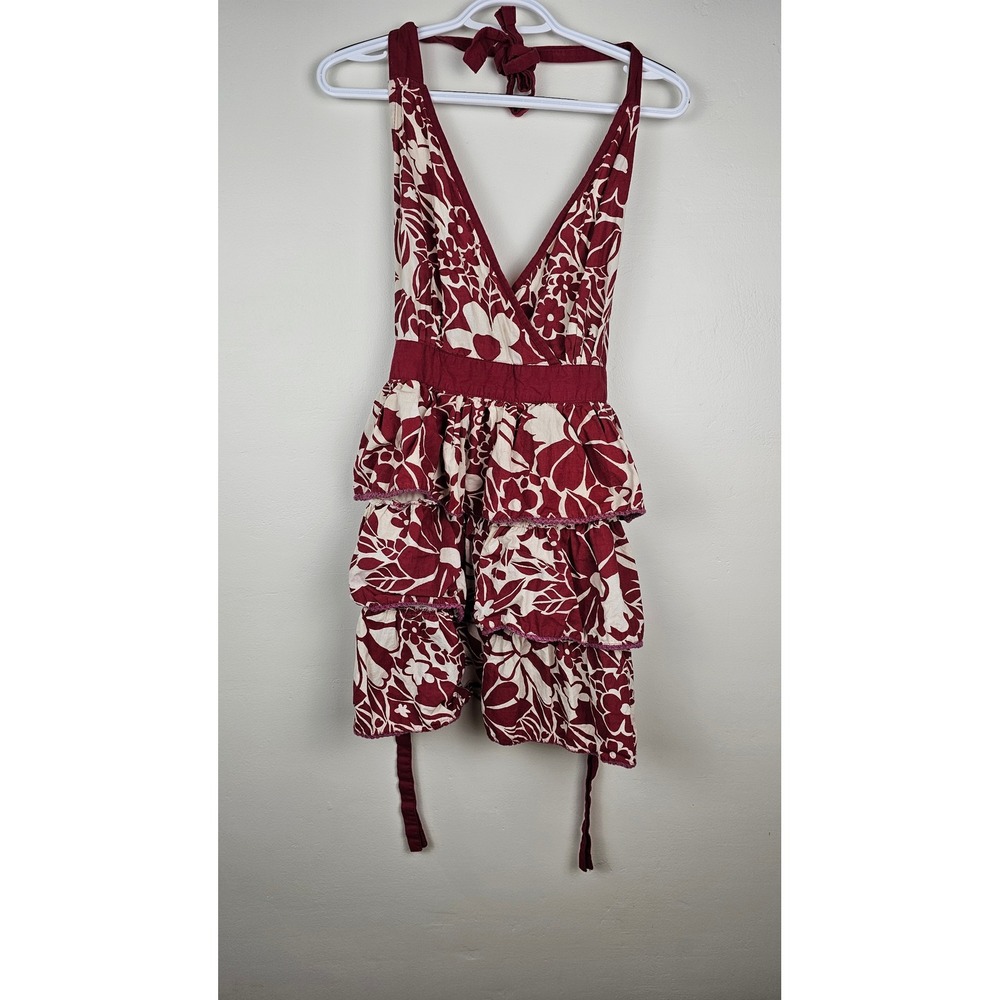 Simply Envogue Apron Women One Size Red Floral Ruffle Halter Neck Cotton Kitchen